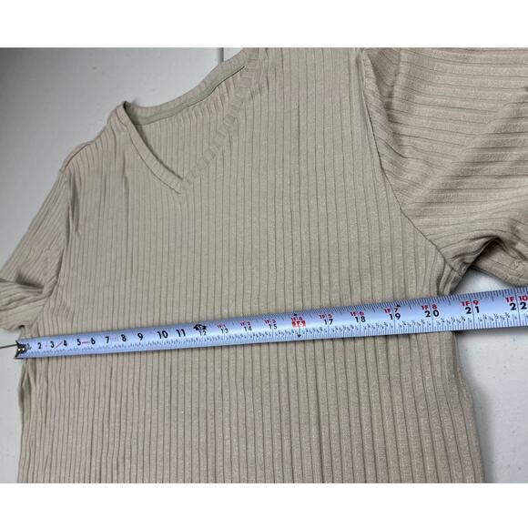 Men's Large Beige Muscle T Shirts Stretch Short Sleeve V Neck Ribbed Slim Fit - Picture 4 of 7